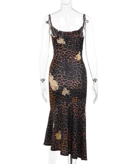 Chic Leopard & Gold Floral Slip Dress | Asymmetrical Cowl Neck Midi for Fall & Holiday Parties