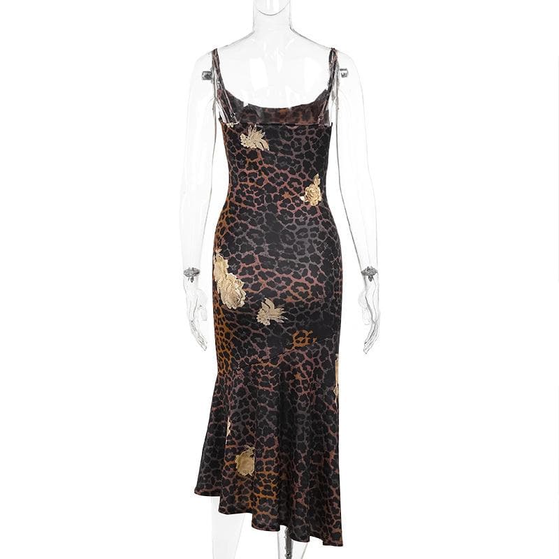 Chic Leopard & Gold Floral Slip Dress | Asymmetrical Cowl Neck Midi for Fall & Holiday Parties