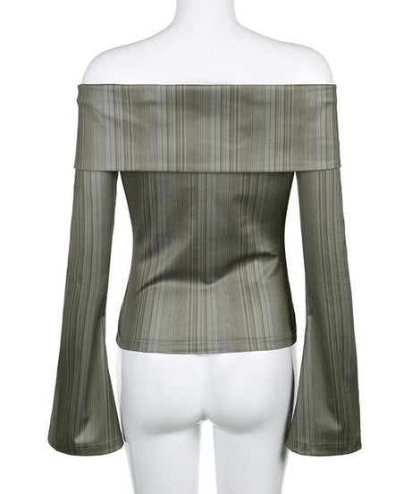 Elevated Fall Chic: Striped Off-Shoulder Button-Front Bell Sleeve Top