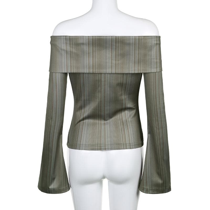 Elevated Fall Chic: Striped Off-Shoulder Button-Front Bell Sleeve Top