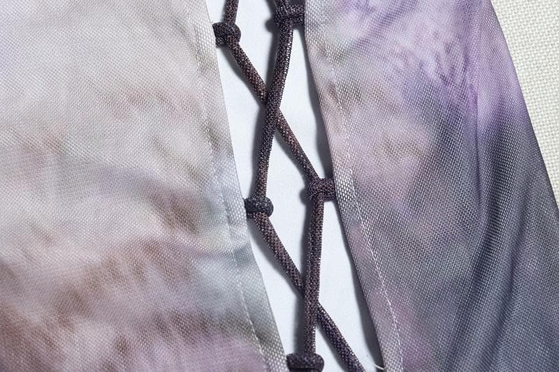 Ethereal Cloud Print Mesh Two-Piece Skirt Set - One-Shoulder Crop Top & Ruched Midi for Fall Nights