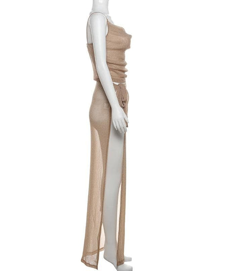Golden Hour Glam: Shimmer Cowl Neck Crop Top & High Slit Maxi Skirt Set – Perfect for Holiday Parties & Warm Escapes