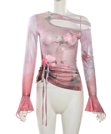 Autumn Rose Rendezvous Asymmetrical Mesh Top - Flared Sleeves & Tie Detail