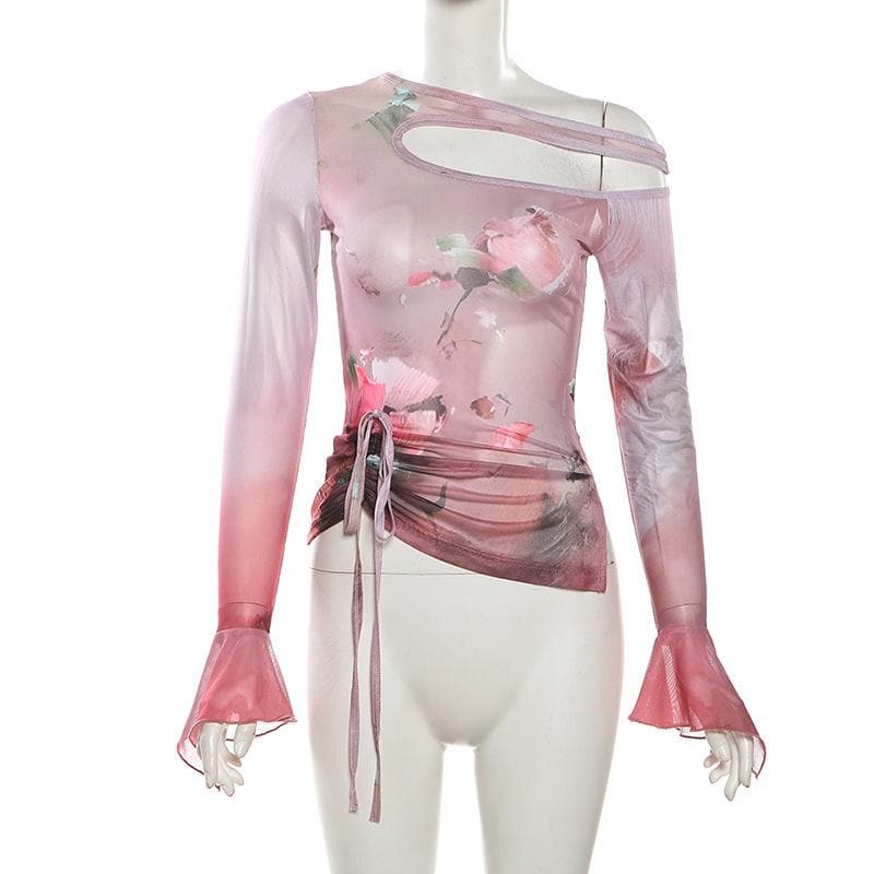 Autumn Rose Rendezvous Asymmetrical Mesh Top - Flared Sleeves & Tie Detail