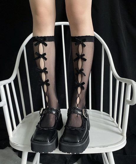 Gothic Glam Black Bow Knee-High Socks | Alt-Fashion Hosiery for Fall & Halloween