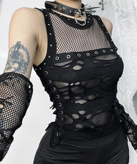 Spiked O-Ring Fishnet Goth Tank Top - Distressed Cut-Out Grunge & Punk Style for Fall & Halloween