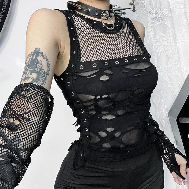 Spiked O-Ring Fishnet Goth Tank Top - Distressed Cut-Out Grunge & Punk Style for Fall & Halloween