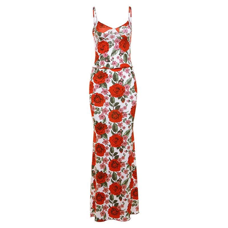 Romantic Red Rose Floral Cami & Maxi Skirt Set - Fall Chic Two-Piece Outfit for Women