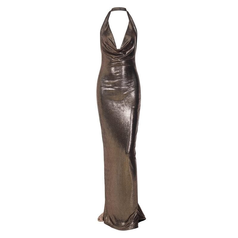 Radiant Liquid Bronze Halter Maxi Gown - Your Glamorous Pick for Holiday Parties & NYE