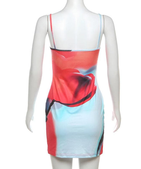 Vibrant Abstract Bloom Bodycon Mini Dress – Red & Blue Statement for Fall Parties