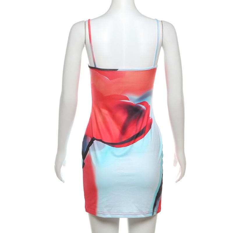 Vibrant Abstract Bloom Bodycon Mini Dress – Red & Blue Statement for Fall Parties