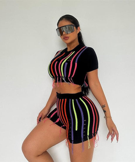 Vibrant Neon Stripe Knit Crop Top & Shorts Set | Fall Party & Getaway Ready