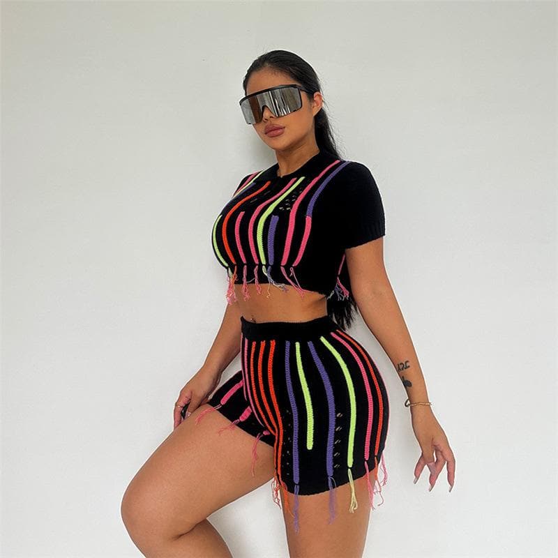 Vibrant Neon Stripe Knit Crop Top & Shorts Set | Fall Party & Getaway Ready