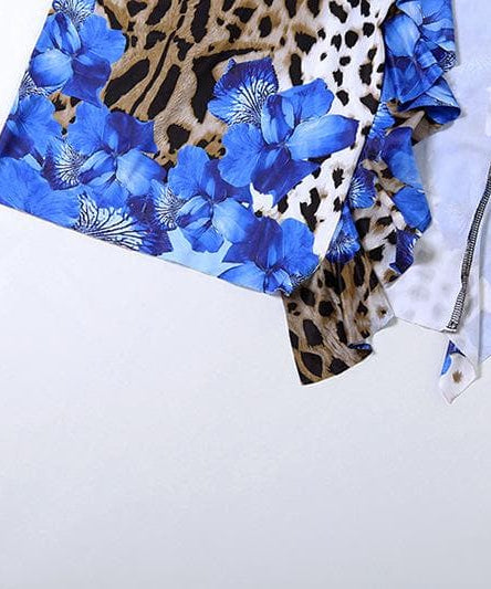 Daring Bloom: Blue Floral & Leopard Print Strapless Maxi Dress with High Slit – Fall & Holiday Glamour