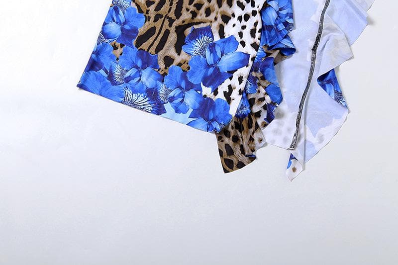 Daring Bloom: Blue Floral & Leopard Print Strapless Maxi Dress with High Slit – Fall & Holiday Glamour