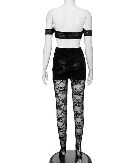 Sultry Black Lace Off-Shoulder Crop Top & Mini Skirt Set - Perfect for Fall Nights & Halloween