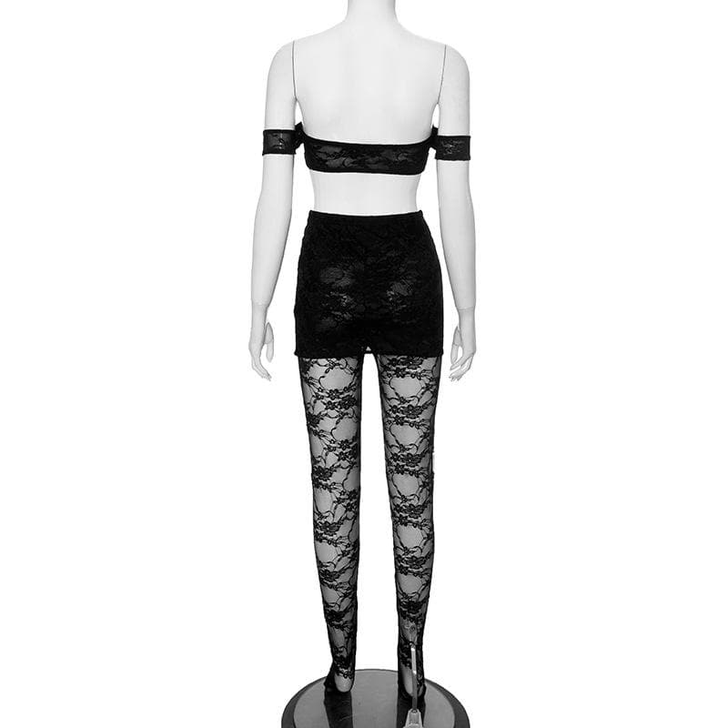 Sultry Black Lace Off-Shoulder Crop Top & Mini Skirt Set - Perfect for Fall Nights & Halloween