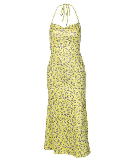 Sunny Bloom Halter Cowl Neck Midi Dress | Effortless Yellow Floral Backless Style for Fall & Resort
