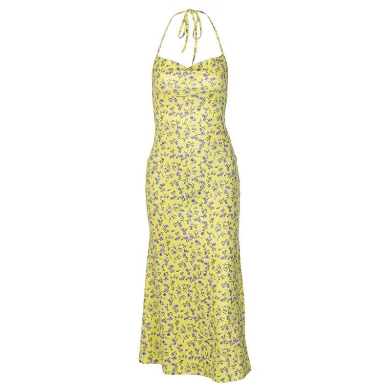 Sunny Bloom Halter Cowl Neck Midi Dress | Effortless Yellow Floral Backless Style for Fall & Resort