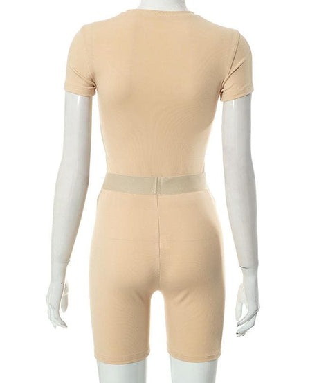 Cozy Fall Vibes: Women's Ribbed Knit Short Sleeve Top & Biker Shorts Set | Nude Athleisure Lounge Wear