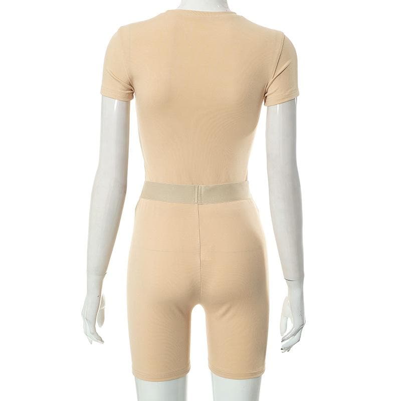 Cozy Fall Vibes: Women's Ribbed Knit Short Sleeve Top & Biker Shorts Set | Nude Athleisure Lounge Wear