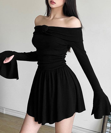 Effortless Elegance: Off-Shoulder Rose Appliqué Mini Dress with Flared Sleeves - Your Fall & Holiday Go-To