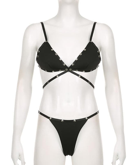 Rebel Chic Studded Strap Bralette & Thong Set - Edgy Fall Fashion & Halloween Ready