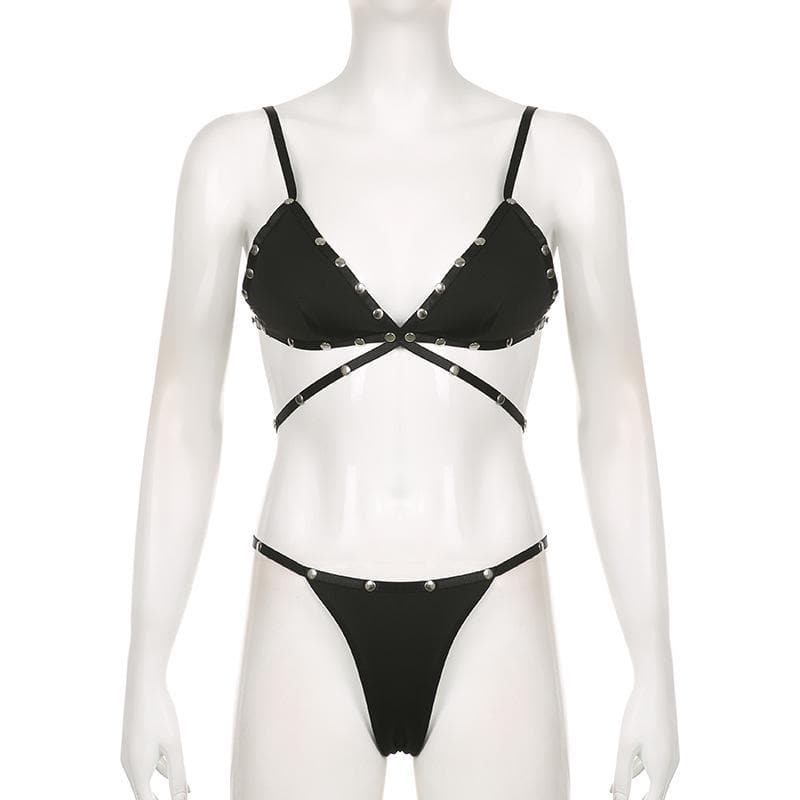 Rebel Chic Studded Strap Bralette & Thong Set - Edgy Fall Fashion & Halloween Ready