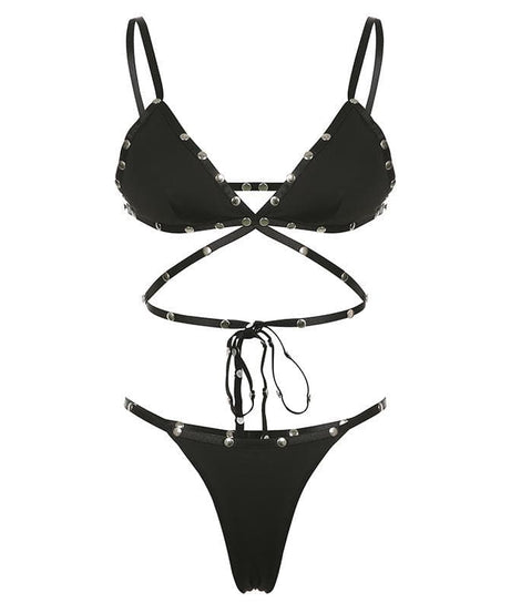 Rebel Chic Studded Strap Bralette & Thong Set - Edgy Fall Fashion & Halloween Ready