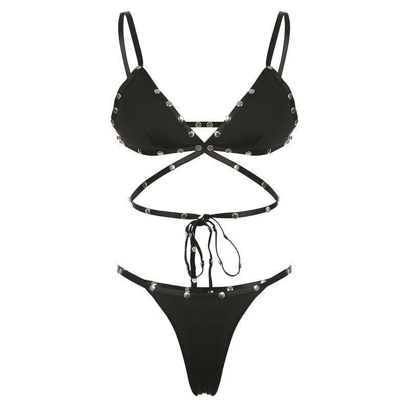 Rebel Chic Studded Strap Bralette & Thong Set - Edgy Fall Fashion & Halloween Ready