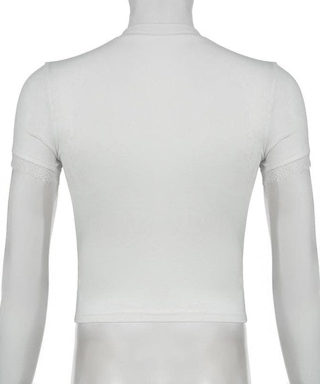 Cozy Kitten Duo White Crop Top - Sweet Y2K Fall Style with Lace Trim