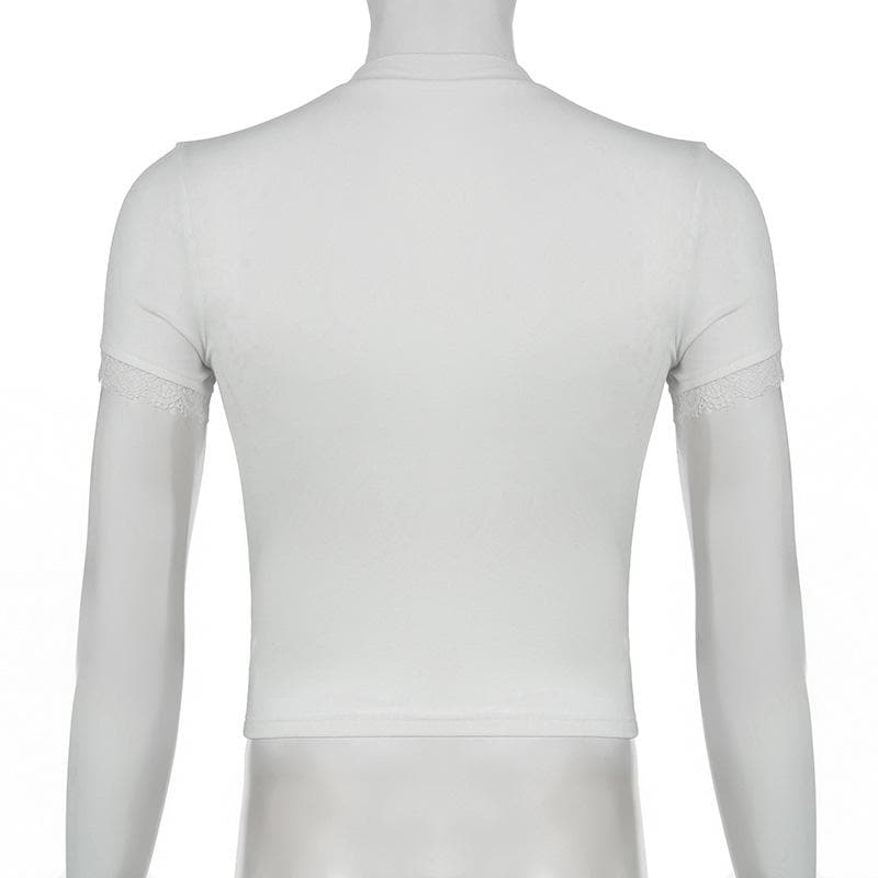 Cozy Kitten Duo White Crop Top - Sweet Y2K Fall Style with Lace Trim