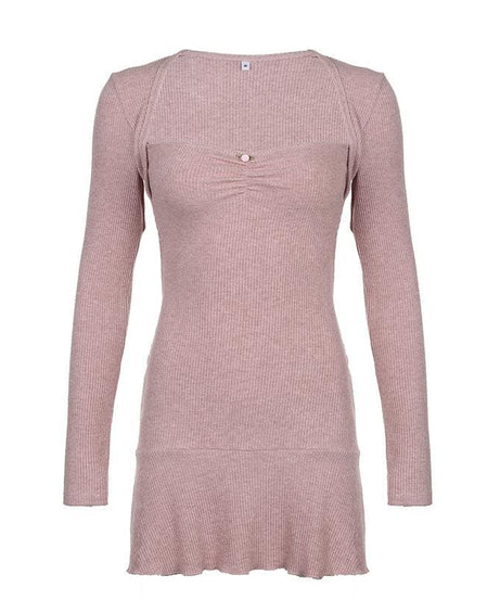 Fall Favorite: Dusty Rose Ribbed Knit Sweetheart Mini Dress | Long Sleeve Bodycon with Flirty Ruffle Hem
