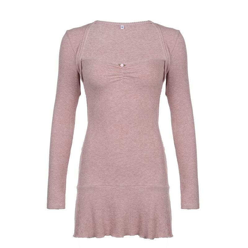 Fall Favorite: Dusty Rose Ribbed Knit Sweetheart Mini Dress | Long Sleeve Bodycon with Flirty Ruffle Hem