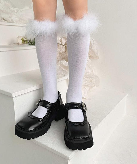 Luxe Feather-Trim Black Knee-High Socks - Autumn Glam & Halloween Ready!