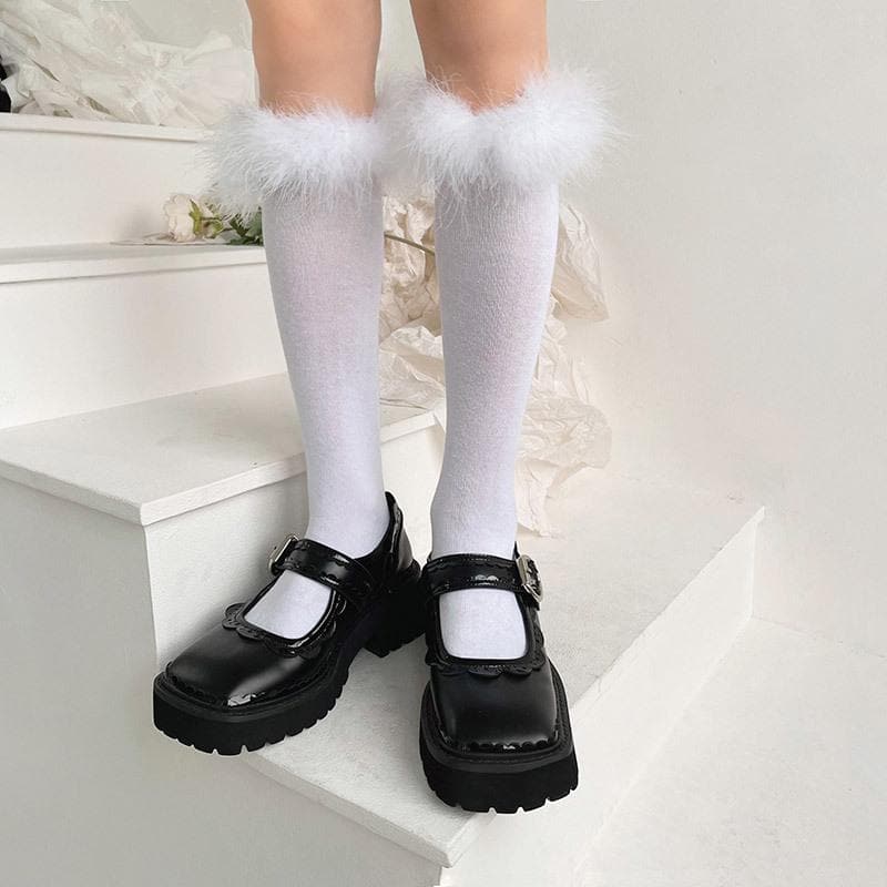 Luxe Feather-Trim Black Knee-High Socks - Autumn Glam & Halloween Ready!