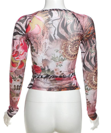 Chic Fall Mesh Wrap Top: V-Neck Long Sleeve Floral & Snake Print Statement