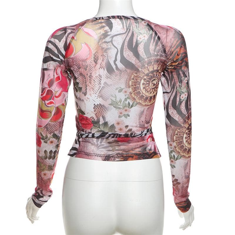 Chic Fall Mesh Wrap Top: V-Neck Long Sleeve Floral & Snake Print Statement