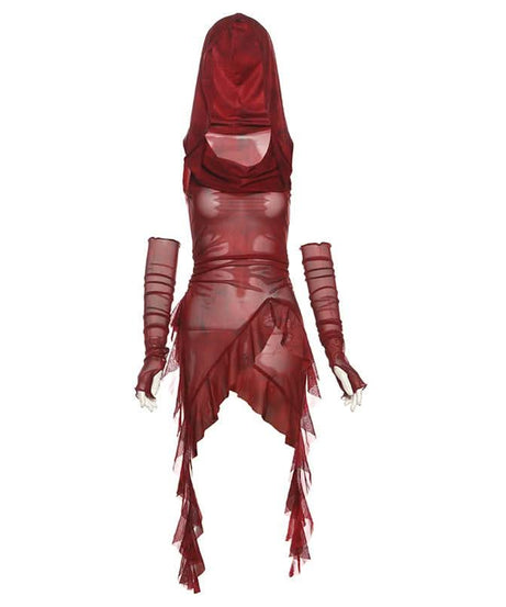 Gothic Enchantress Sheer Mesh Hooded Top | Asymmetrical Cowl Neck & Long Sleeves for Fall & Halloween