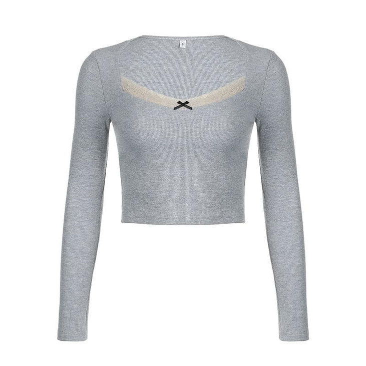 Chic Fall Nights Sweetheart Lace Long Sleeve Crop Top - Y2K Ribbed Tee