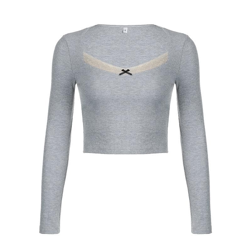 Chic Fall Nights Sweetheart Lace Long Sleeve Crop Top - Y2K Ribbed Tee