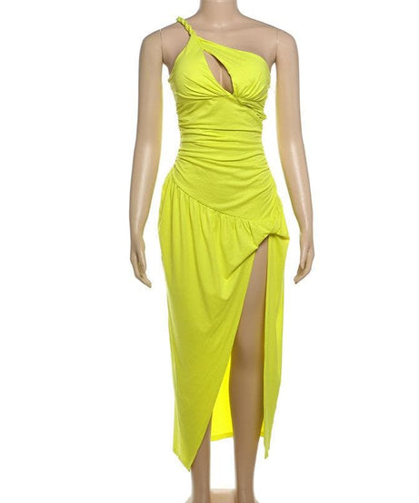 Radiant Neon Yellow One-Shoulder Ruched Maxi Dress with High Slit – The Ultimate Statement for Vacations & Special Events