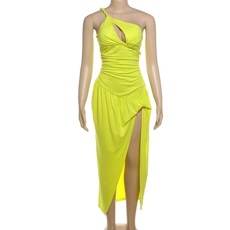 Radiant Neon Yellow One-Shoulder Ruched Maxi Dress with High Slit – The Ultimate Statement for Vacations & Special Events