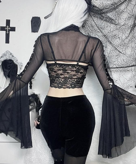 Mesmerizing Black Mesh O-Ring Shrug | Edgy Lace-Up Bell Sleeve Bolero for Fall & Halloween