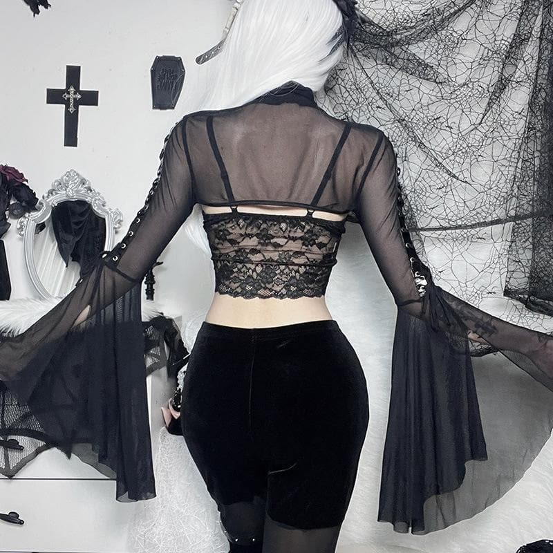 Mesmerizing Black Mesh O-Ring Shrug | Edgy Lace-Up Bell Sleeve Bolero for Fall & Halloween