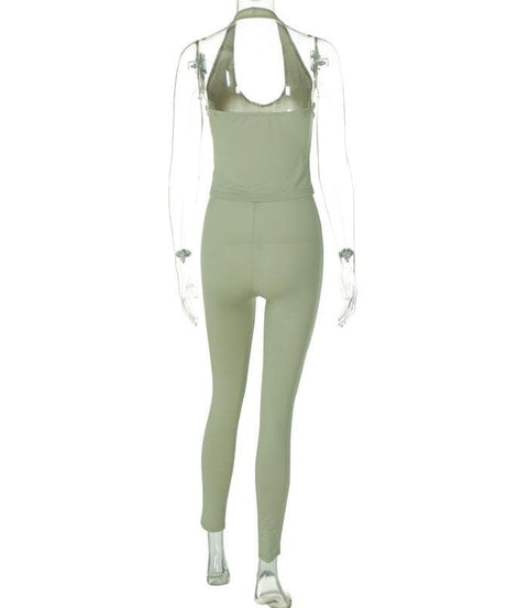 Effortless Chic: Sage Green Halter Neck Top & High-Waist Leggings Set – Fall Comfort & Style