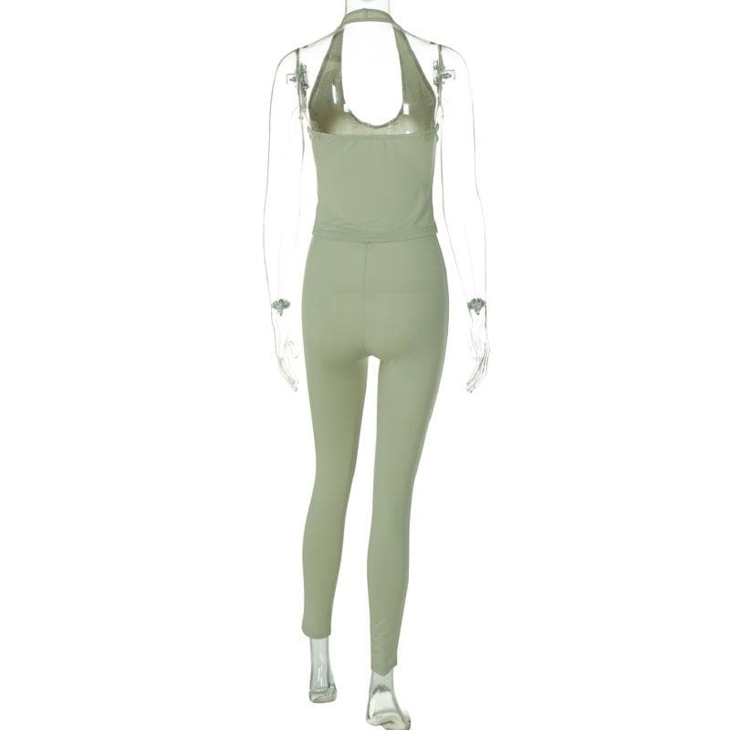 Effortless Chic: Sage Green Halter Neck Top & High-Waist Leggings Set – Fall Comfort & Style