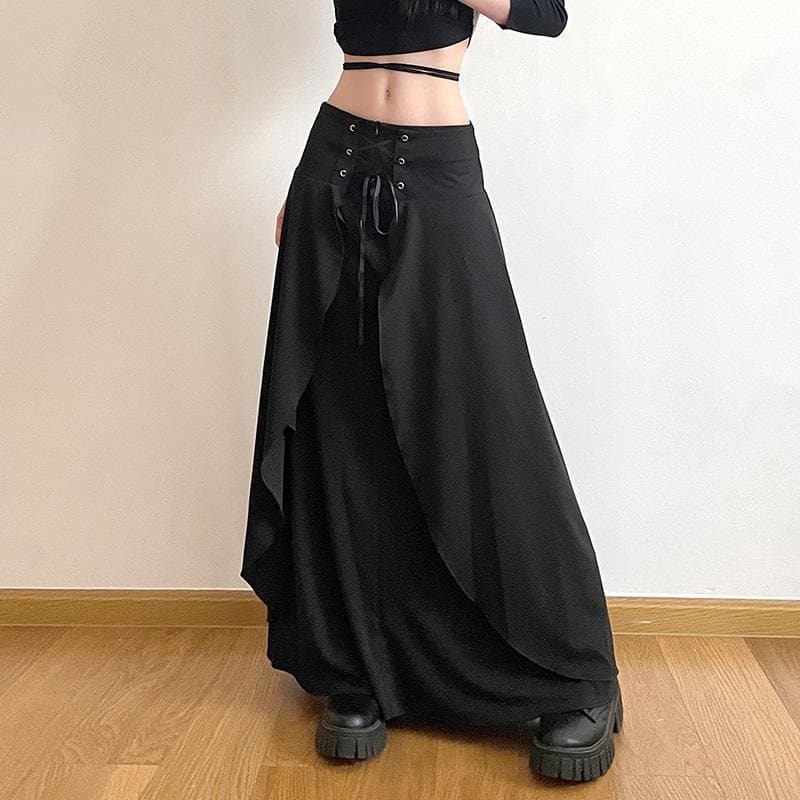 American Fall Fashion: Edgy Lace-Up Corset Maxi Skirt – Perfect for Halloween & Autumn Style