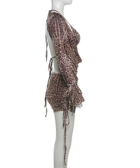 Fierce Leopard Print 3-Piece Cowl Neck Cutout Mini Skirt Set | Adjustable Ruched Fall Party & Club Wear