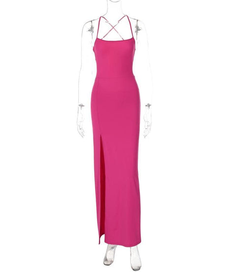 Glamorous Fuchsia Criss-Cross Back High Slit Maxi Dress - Holiday Party & Event Gown
